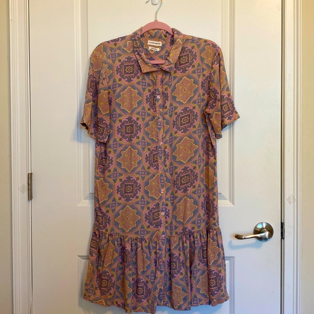 Native Youth Dress in plum, blue and gold with peplum